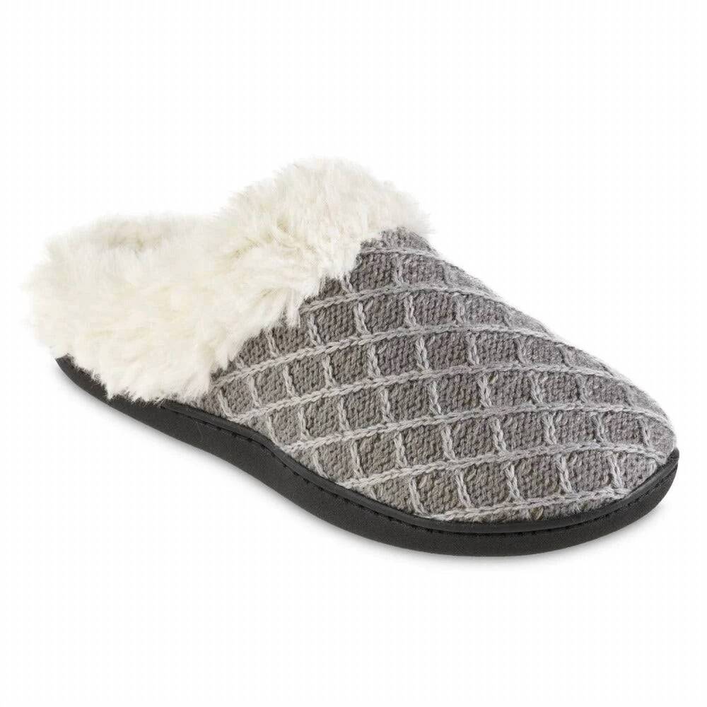NEW ISOTONER women's diamond sweater knit hoodback slipper in light gray